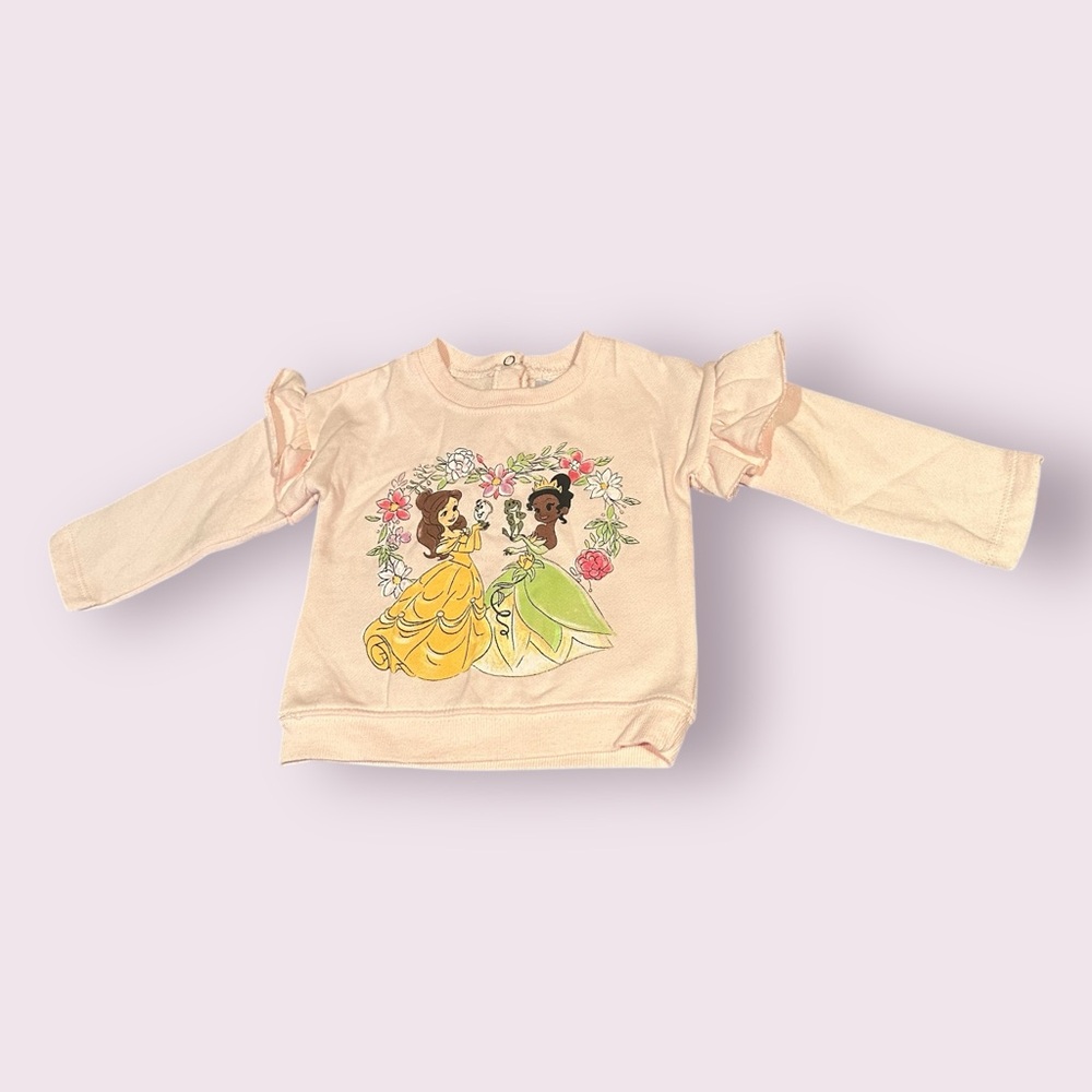 Disney Baby Light Pink Princess Sweatshirt Belle And Tiana Ruffle Sleeve 6-9 Mon